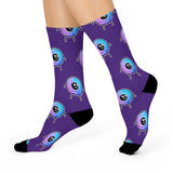 Galactic Eye Pattern Crew Socks — Cute Purple & Blue Alien Emoji Design
