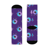 Galactic Eye Pattern Crew Socks — Cute Purple & Blue Alien Emoji Design