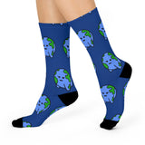 Earth Emoji Crew Socks — Cute Blue Planet Pattern Cushioned Socks