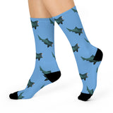 Shark Pattern Crew Socks — Blue Cushioned Socks with Repeating Shark Design