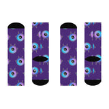 Galactic Eye Pattern Crew Socks — Cute Purple & Blue Alien Emoji Design