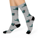 Shark Pattern Cushioned Crew Socks — Grey Novelty Sea Creature Socks