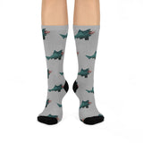 Shark Pattern Cushioned Crew Socks — Grey Novelty Sea Creature Socks