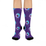 Galactic Eye Pattern Crew Socks — Cute Purple & Blue Alien Emoji Design
