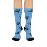 Shark Pattern Crew Socks — Blue Cushioned Socks with Repeating Shark Design